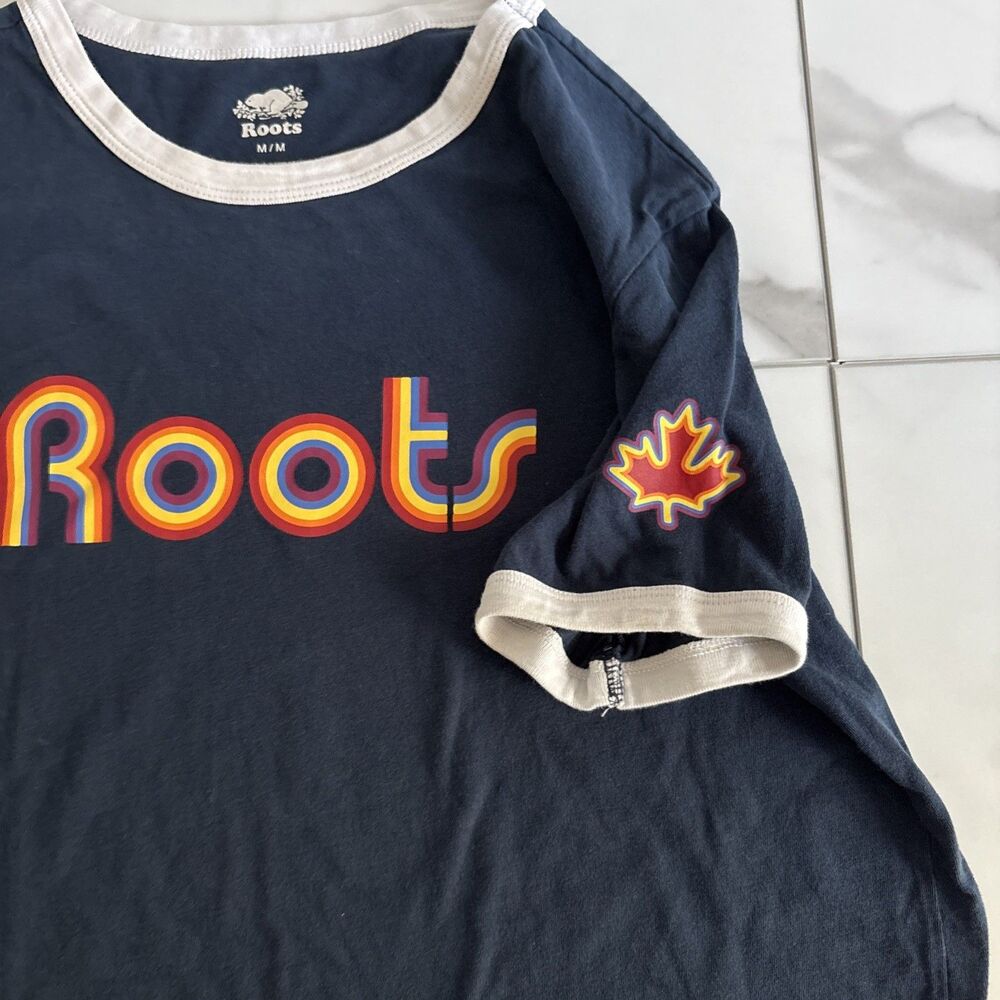 Roots Canada Womens Medium Navy Blue Ringer Tee Retro Rainbow Logo Maple Leaf - Picture 3 of 8